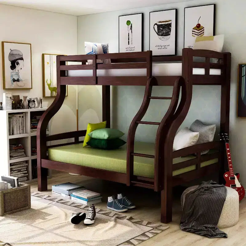 Letto a castello per bambini singolo/matrimoniale Noce scuro - Struttura in legno, scaletta integrata, sponde di protezione