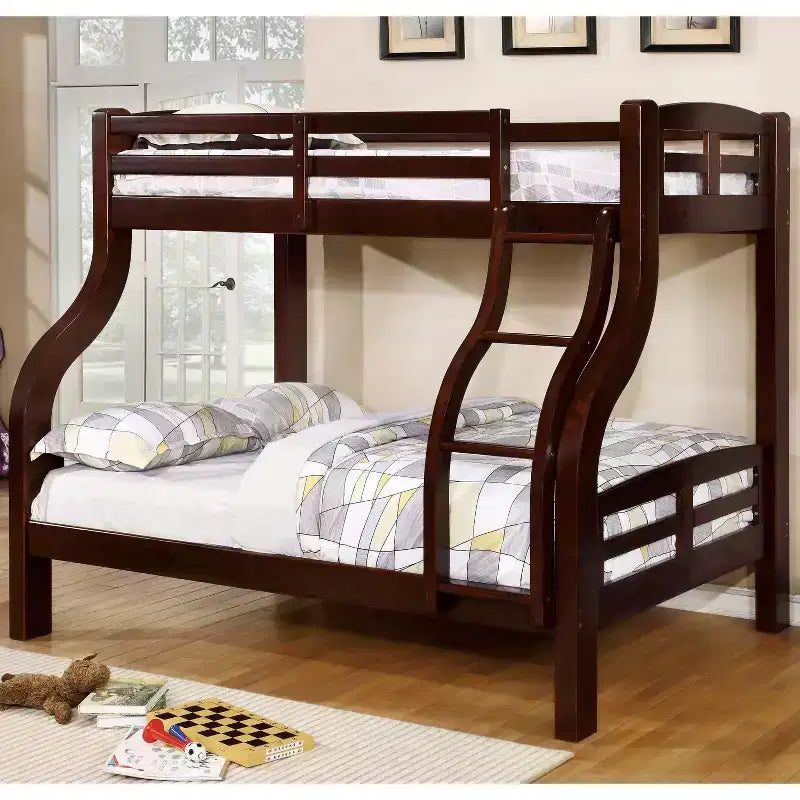 Letto a castello per bambini singolo/matrimoniale Noce scuro - Struttura in legno, scaletta integrata, sponde di protezione