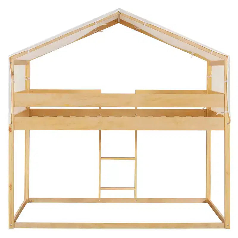 Letto a castello in legno rustico con tenda e scaletta, da due posti