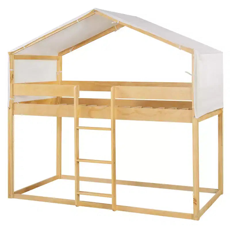 Letto a castello in legno rustico con tenda e scaletta, da due posti