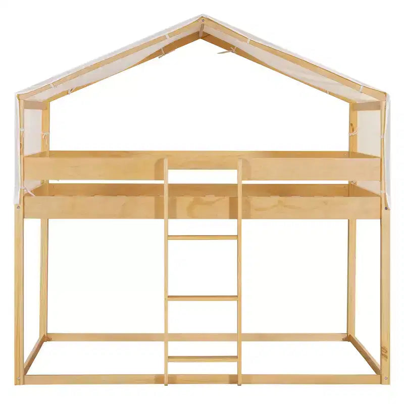 Letto a castello in legno rustico con tenda e scaletta, da due posti