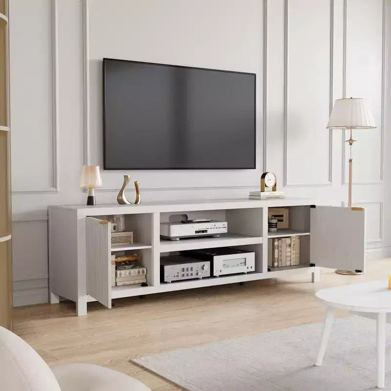Garvee 70 Mobile TV Centro di Intrattenimento con Contenitore, Anta Scanalata e Maniglia Dorata, Mobile Consolle in Legno per Soggiorno, Camera da Letto