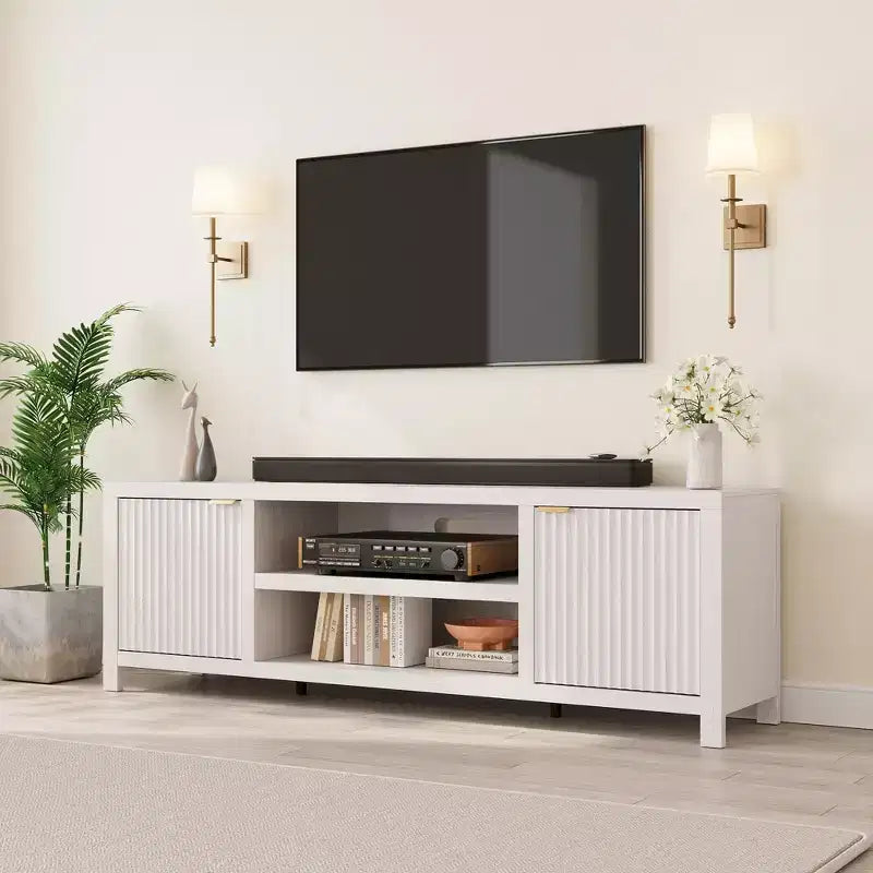 Garvee 70 Mobile TV Centro di Intrattenimento con Contenitore, Anta Scanalata e Maniglia Dorata, Mobile Consolle in Legno per Soggiorno, Camera da Letto