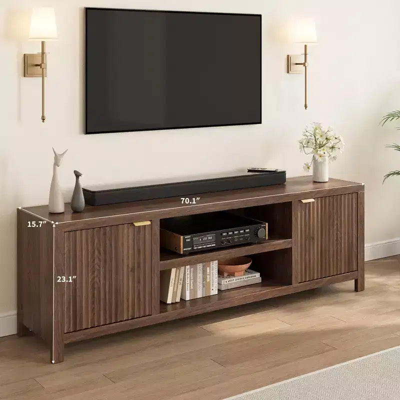 Garvee 70 Mobile TV Centro di Intrattenimento con Contenitore, Anta Scanalata e Maniglia Dorata, Mobile Consolle in Legno per Soggiorno, Camera da Letto