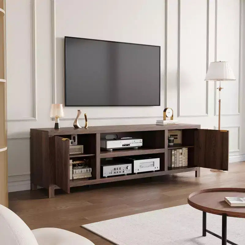 Garvee 70 Mobile TV Centro di Intrattenimento con Contenitore, Anta Scanalata e Maniglia Dorata, Mobile Consolle in Legno per Soggiorno, Camera da Letto