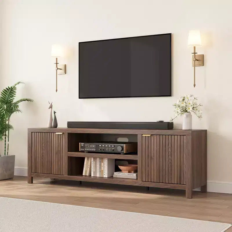 Garvee 70 Mobile TV Centro di Intrattenimento con Contenitore, Anta Scanalata e Maniglia Dorata, Mobile Consolle in Legno per Soggiorno, Camera da Letto