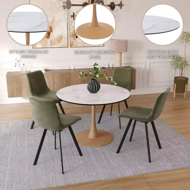 LeisureMod Bristol, tavolo da pranzo moderno rotondo da 89 cm con piano in MDF resistente e base in acciaio naturale con venature del legno, per cucina, sala da pranzo o bar