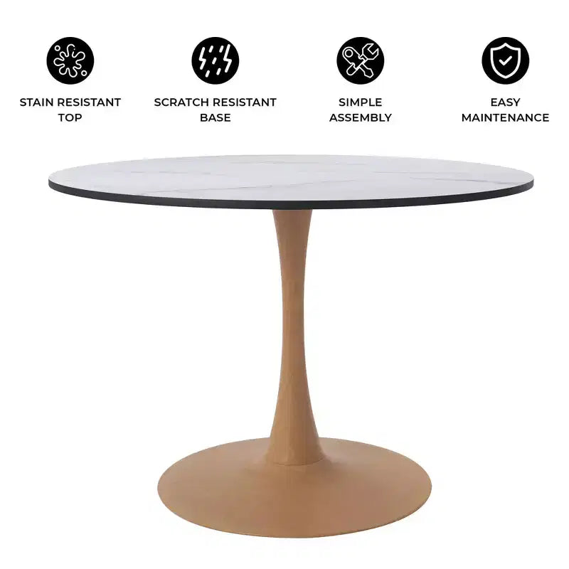 LeisureMod Bristol, tavolo da pranzo moderno rotondo da 89 cm con piano in MDF resistente e base in acciaio naturale con venature del legno, per cucina, sala da pranzo o bar