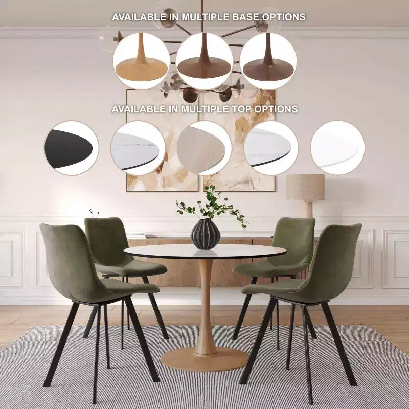 LeisureMod Bristol, tavolo da pranzo moderno rotondo da 89 cm con piano in MDF resistente e base in acciaio naturale con venature del legno, per cucina, sala da pranzo o bar