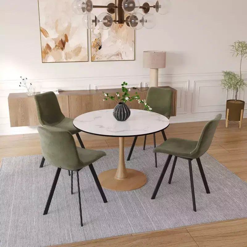 LeisureMod Bristol, tavolo da pranzo moderno rotondo da 89 cm con piano in MDF resistente e base in acciaio naturale con venature del legno, per cucina, sala da pranzo o bar