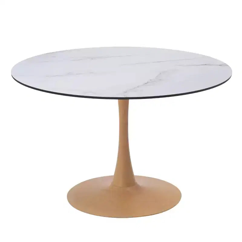 LeisureMod Bristol, tavolo da pranzo moderno rotondo da 89 cm con piano in MDF resistente e base in acciaio naturale con venature del legno, per cucina, sala da pranzo o bar