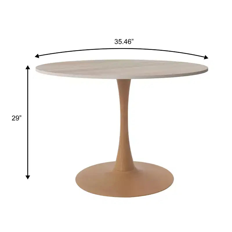LeisureMod Bristol, tavolo da pranzo moderno rotondo da 89 cm con piano in MDF resistente e base in acciaio naturale con venature del legno, per cucina, sala da pranzo o bar