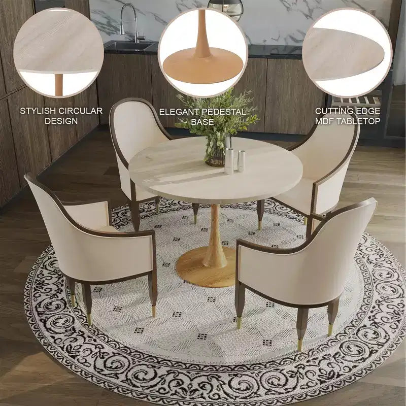 LeisureMod Bristol, tavolo da pranzo moderno rotondo da 89 cm con piano in MDF resistente e base in acciaio naturale con venature del legno, per cucina, sala da pranzo o bar