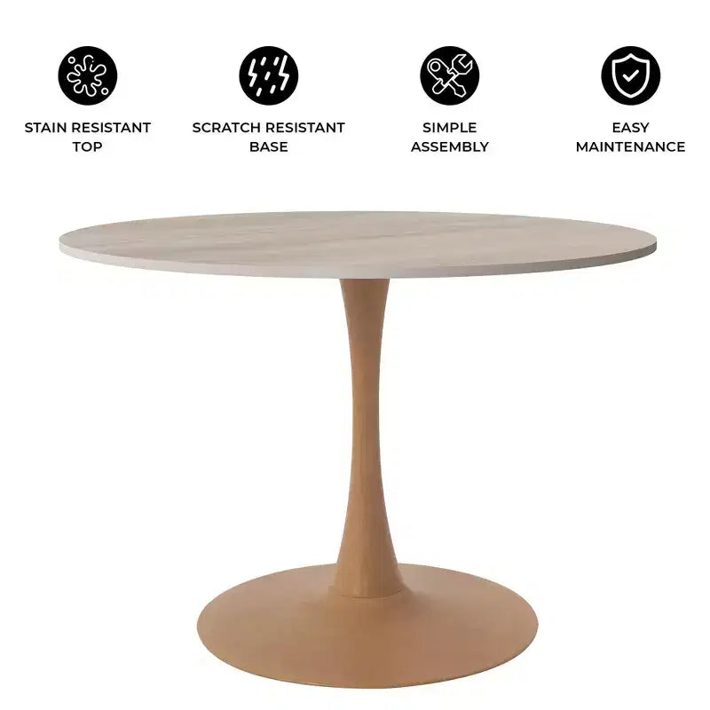 LeisureMod Bristol, tavolo da pranzo moderno rotondo da 89 cm con piano in MDF resistente e base in acciaio naturale con venature del legno, per cucina, sala da pranzo o bar