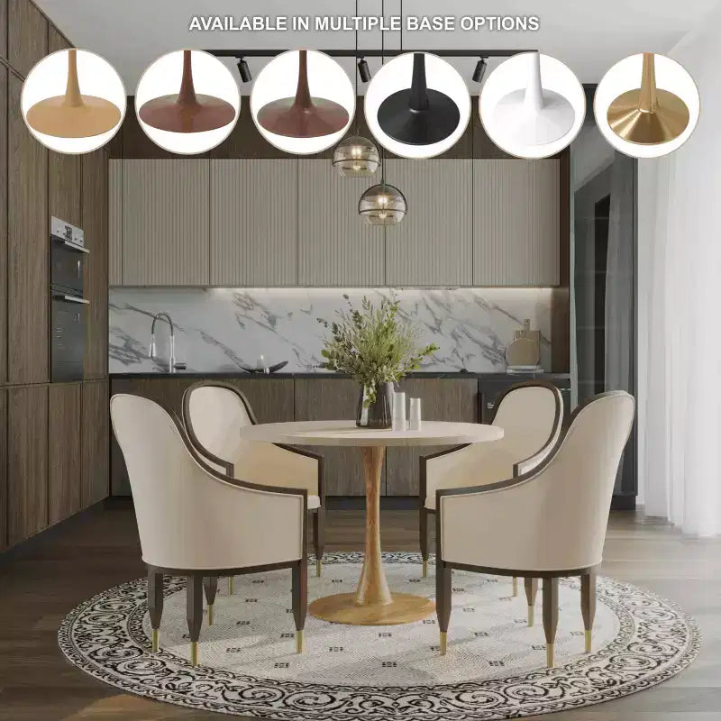 LeisureMod Bristol, tavolo da pranzo moderno rotondo da 89 cm con piano in MDF resistente e base in acciaio naturale con venature del legno, per cucina, sala da pranzo o bar