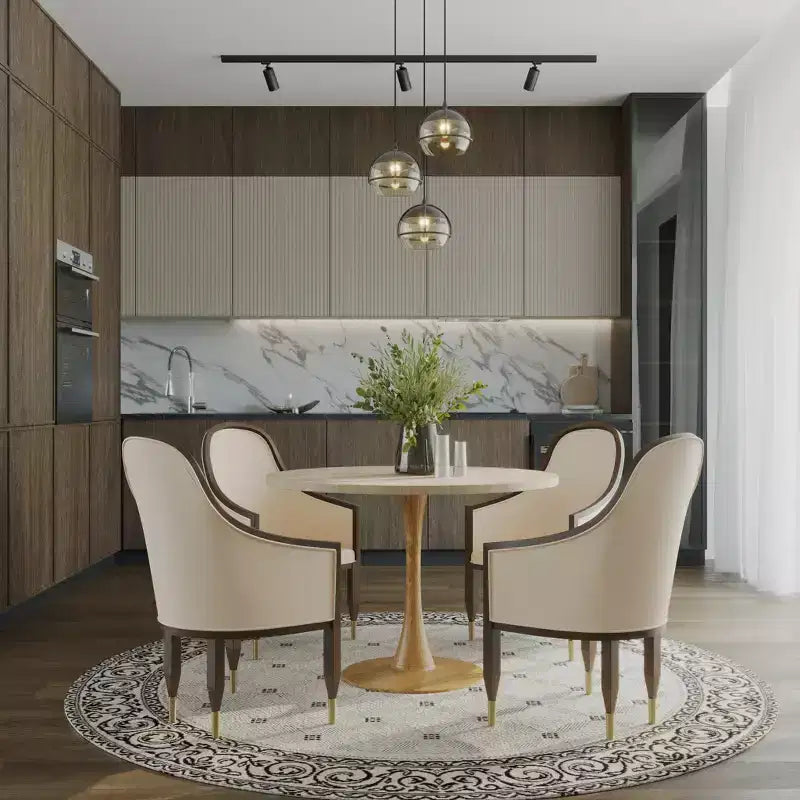 LeisureMod Bristol, tavolo da pranzo moderno rotondo da 89 cm con piano in MDF resistente e base in acciaio naturale con venature del legno, per cucina, sala da pranzo o bar