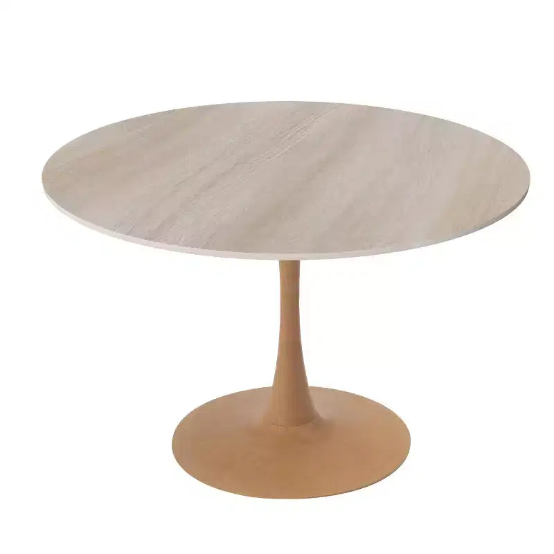 LeisureMod Bristol, tavolo da pranzo moderno rotondo da 89 cm con piano in MDF resistente e base in acciaio naturale con venature del legno, per cucina, sala da pranzo o bar