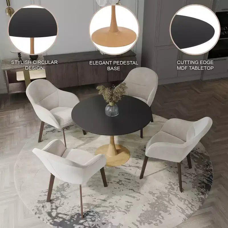 LeisureMod Bristol, tavolo da pranzo moderno rotondo da 89 cm con piano in MDF resistente e base in acciaio naturale con venature del legno, per cucina, sala da pranzo o bar