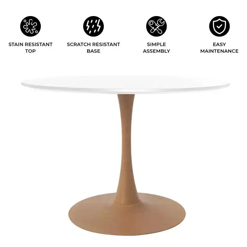 LeisureMod Bristol, tavolo da pranzo moderno rotondo da 89 cm con piano in MDF resistente e base in acciaio naturale con venature del legno, per cucina, sala da pranzo o bar