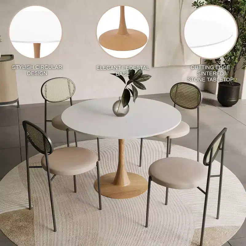 LeisureMod Bristol, tavolo da pranzo moderno rotondo da 89 cm con piano in MDF resistente e base in acciaio naturale con venature del legno, per cucina, sala da pranzo o bar