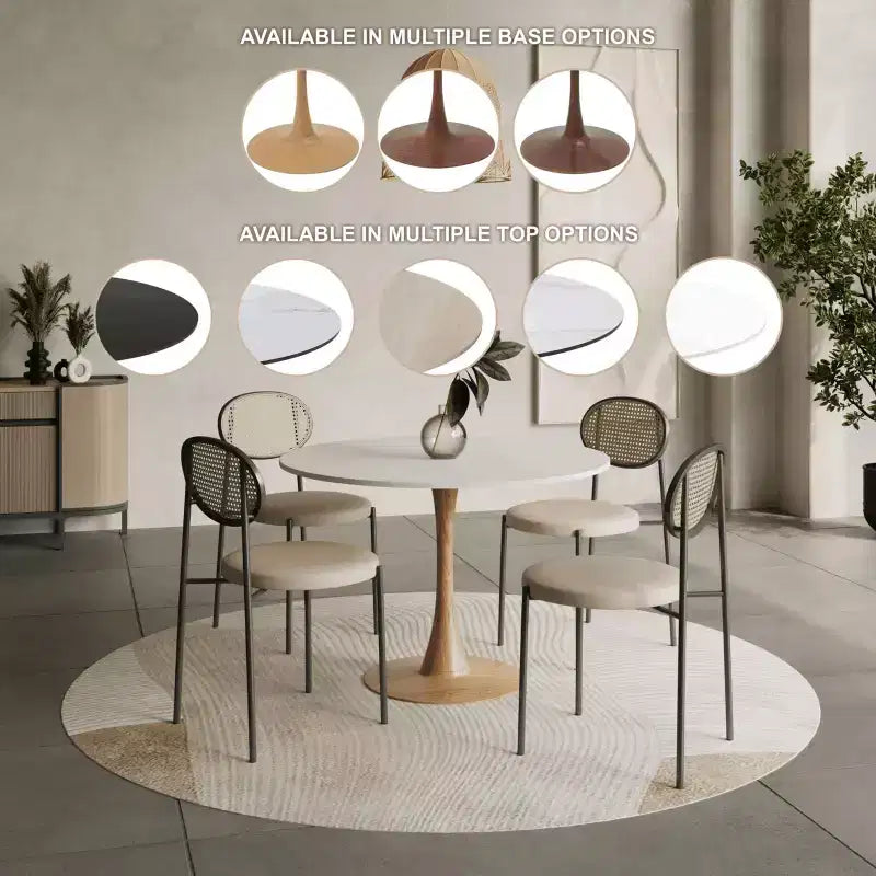 LeisureMod Bristol, tavolo da pranzo moderno rotondo da 89 cm con piano in MDF resistente e base in acciaio naturale con venature del legno, per cucina, sala da pranzo o bar