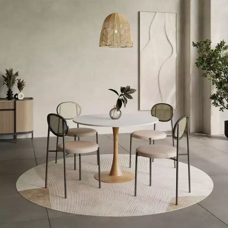 LeisureMod Bristol, tavolo da pranzo moderno rotondo da 89 cm con piano in MDF resistente e base in acciaio naturale con venature del legno, per cucina, sala da pranzo o bar