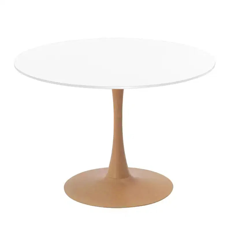 LeisureMod Bristol, tavolo da pranzo moderno rotondo da 89 cm con piano in MDF resistente e base in acciaio naturale con venature del legno, per cucina, sala da pranzo o bar