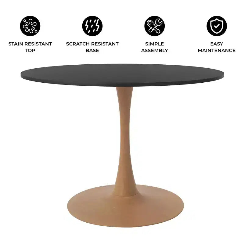 LeisureMod Bristol, tavolo da pranzo moderno rotondo da 89 cm con piano in MDF resistente e base in acciaio naturale con venature del legno, per cucina, sala da pranzo o bar