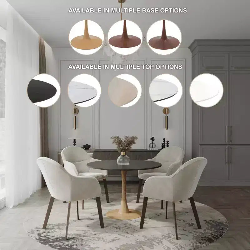 LeisureMod Bristol, tavolo da pranzo moderno rotondo da 89 cm con piano in MDF resistente e base in acciaio naturale con venature del legno, per cucina, sala da pranzo o bar