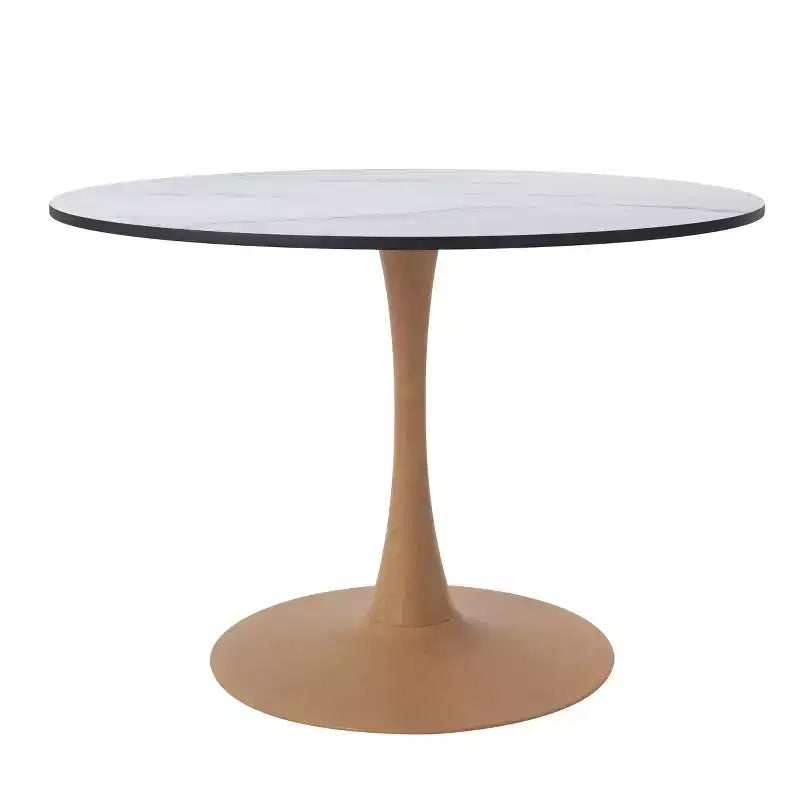 LeisureMod Bristol, tavolo da pranzo moderno rotondo da 89 cm con piano in MDF resistente e base in acciaio naturale con venature del legno, per cucina, sala da pranzo o bar