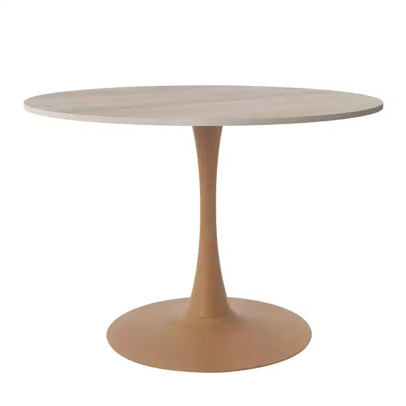LeisureMod Bristol, tavolo da pranzo moderno rotondo da 89 cm con piano in MDF resistente e base in acciaio naturale con venature del legno, per cucina, sala da pranzo o bar