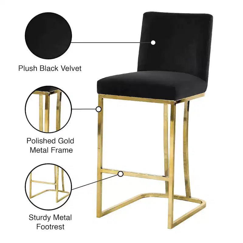 Sgabello in velluto nero con base dorata