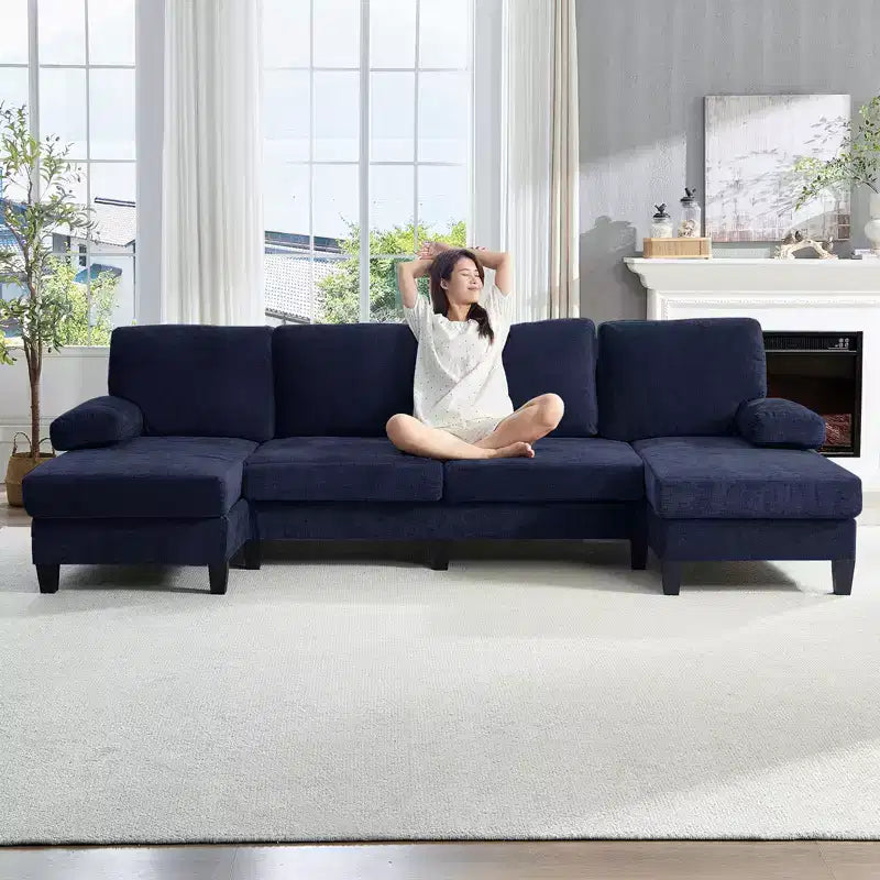 Divani componibili a U da 110", divano grande a 4 posti rivestito in ciniglia con doppi chaise longue e braccioli utilizzabili come poggiatesta