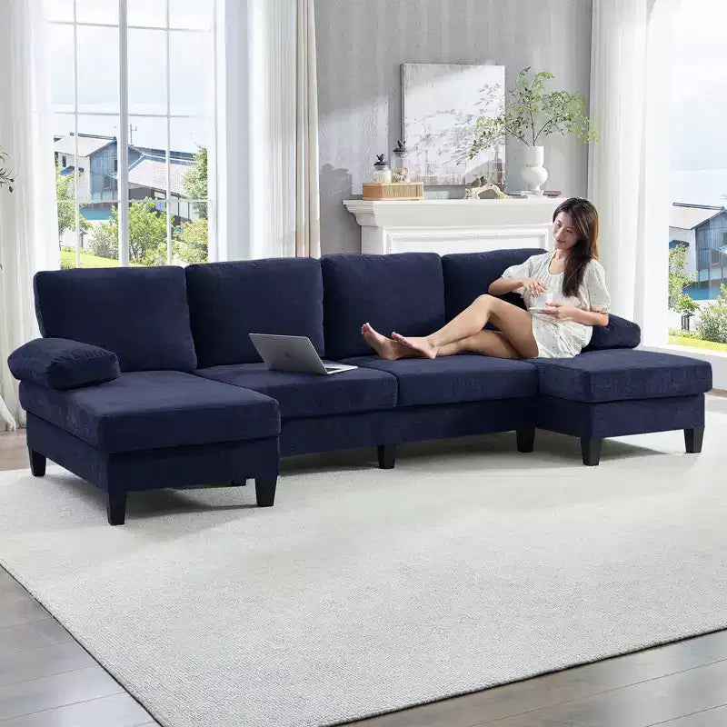 Divani componibili a U da 110", divano grande a 4 posti rivestito in ciniglia con doppi chaise longue e braccioli utilizzabili come poggiatesta