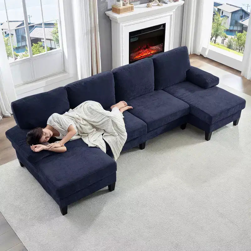Divani componibili a U da 110", divano grande a 4 posti rivestito in ciniglia con doppi chaise longue e braccioli utilizzabili come poggiatesta