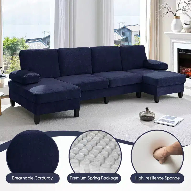 Divani componibili a U da 110", divano grande a 4 posti rivestito in ciniglia con doppi chaise longue e braccioli utilizzabili come poggiatesta