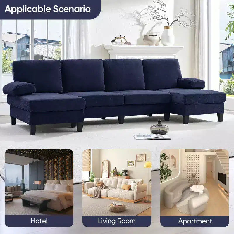 Divani componibili a U da 110", divano grande a 4 posti rivestito in ciniglia con doppi chaise longue e braccioli utilizzabili come poggiatesta