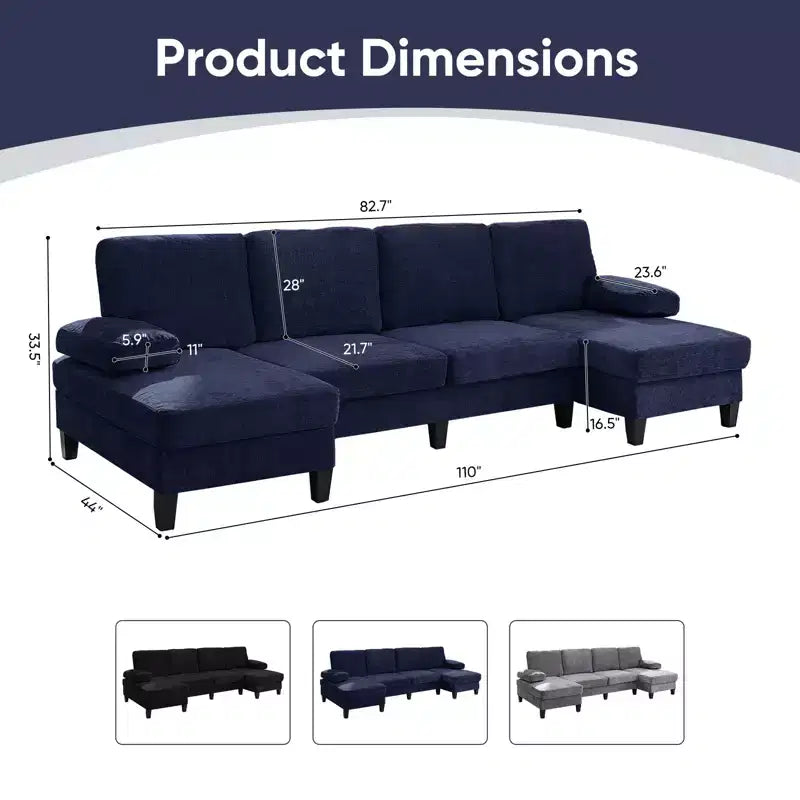 Divani componibili a U da 110", divano grande a 4 posti rivestito in ciniglia con doppi chaise longue e braccioli utilizzabili come poggiatesta
