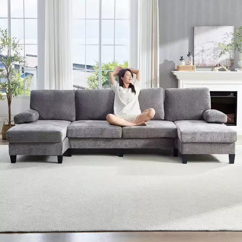 Divani componibili a U da 110", divano grande a 4 posti rivestito in ciniglia con doppi chaise longue e braccioli utilizzabili come poggiatesta