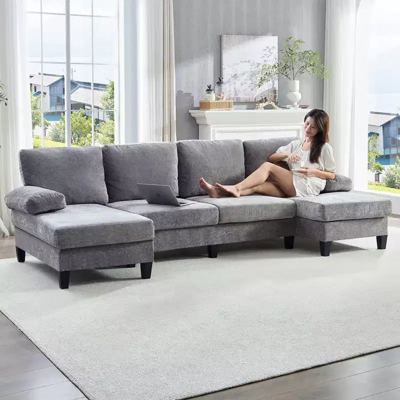 Divani componibili a U da 110", divano grande a 4 posti rivestito in ciniglia con doppi chaise longue e braccioli utilizzabili come poggiatesta