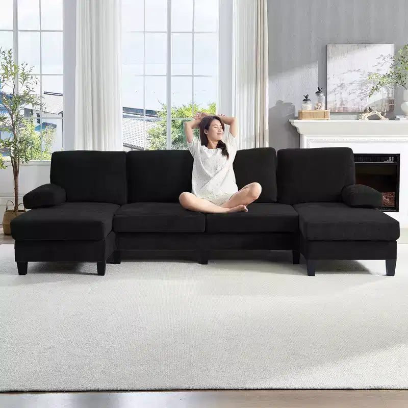 Divani componibili a U da 110", divano grande a 4 posti rivestito in ciniglia con doppi chaise longue e braccioli utilizzabili come poggiatesta
