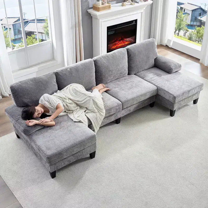 Divani componibili a U da 110", divano grande a 4 posti rivestito in ciniglia con doppi chaise longue e braccioli utilizzabili come poggiatesta