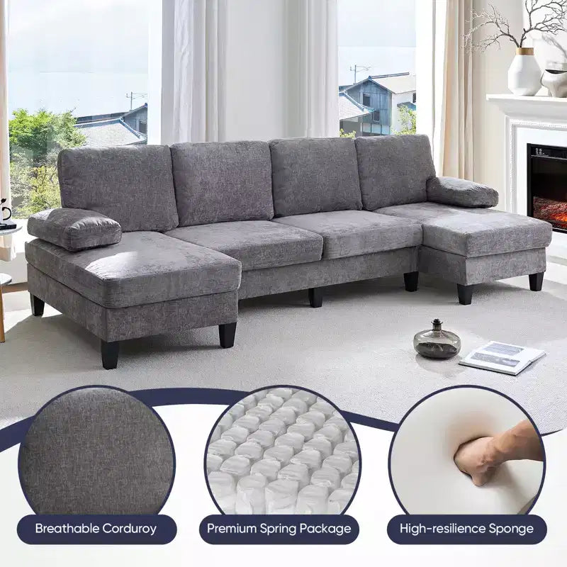 Divani componibili a U da 110", divano grande a 4 posti rivestito in ciniglia con doppi chaise longue e braccioli utilizzabili come poggiatesta