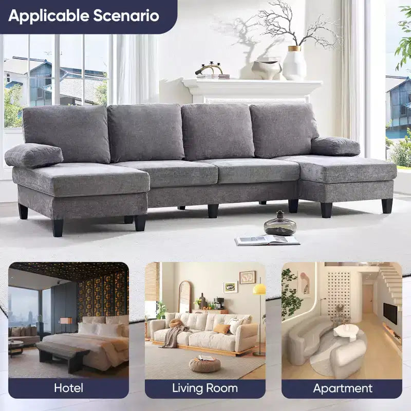 Divani componibili a U da 110", divano grande a 4 posti rivestito in ciniglia con doppi chaise longue e braccioli utilizzabili come poggiatesta
