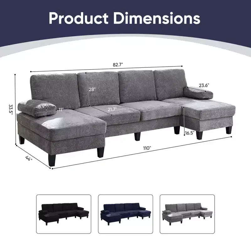Divani componibili a U da 110", divano grande a 4 posti rivestito in ciniglia con doppi chaise longue e braccioli utilizzabili come poggiatesta