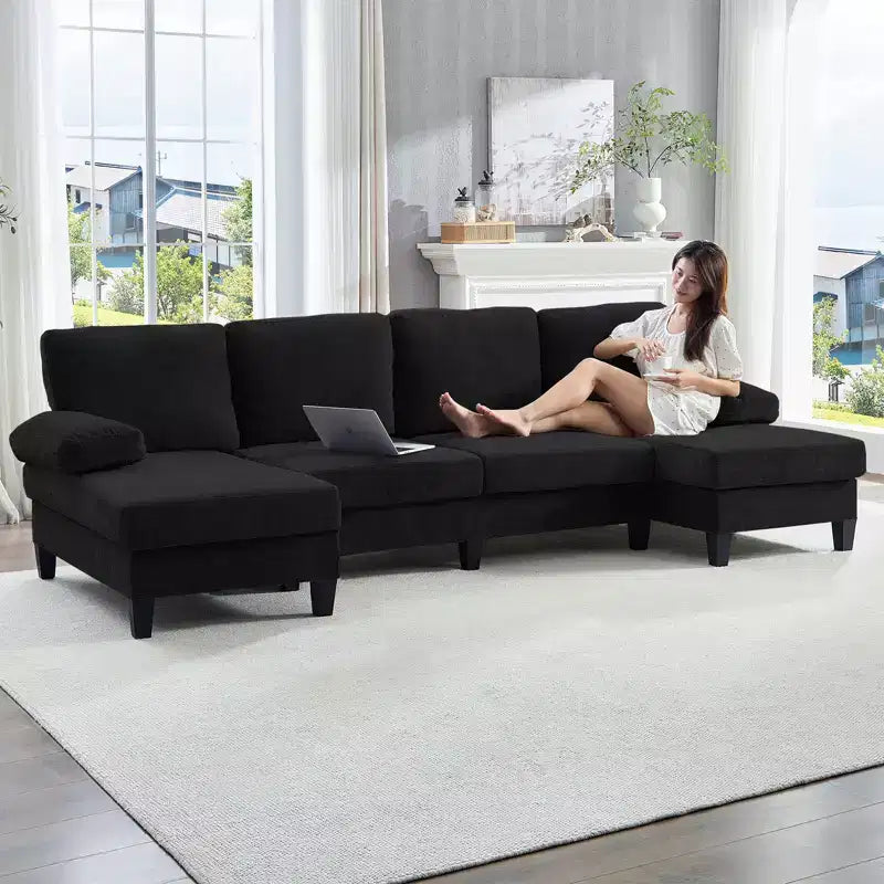 Divani componibili a U da 110", divano grande a 4 posti rivestito in ciniglia con doppi chaise longue e braccioli utilizzabili come poggiatesta