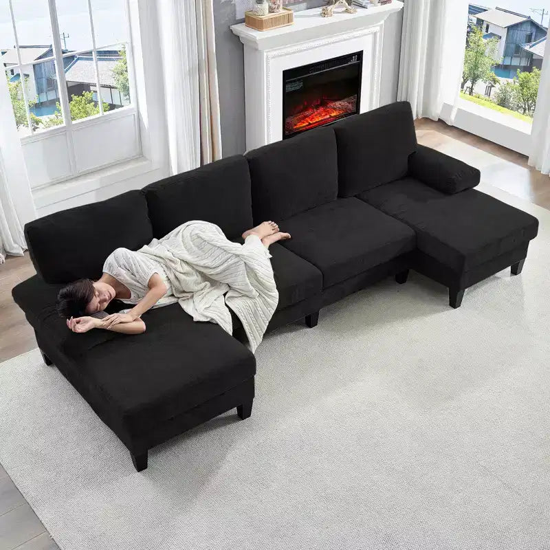Divani componibili a U da 110", divano grande a 4 posti rivestito in ciniglia con doppi chaise longue e braccioli utilizzabili come poggiatesta