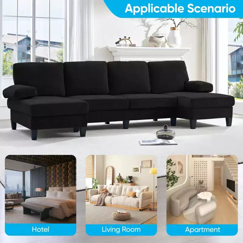 Divani componibili a U da 110", divano grande a 4 posti rivestito in ciniglia con doppi chaise longue e braccioli utilizzabili come poggiatesta