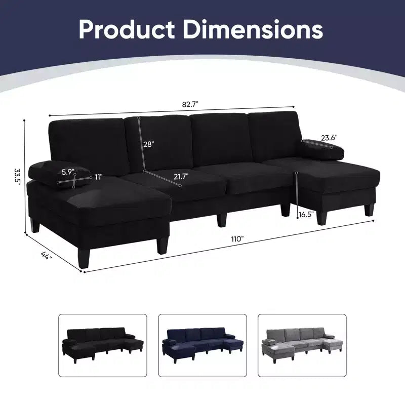 Divani componibili a U da 110", divano grande a 4 posti rivestito in ciniglia con doppi chaise longue e braccioli utilizzabili come poggiatesta