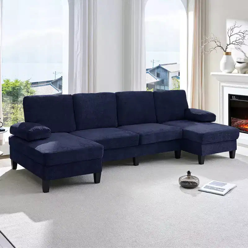 Divani componibili a U da 110", divano grande a 4 posti rivestito in ciniglia con doppi chaise longue e braccioli utilizzabili come poggiatesta